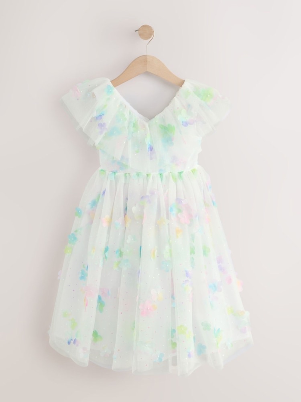NEXT White 3D Flower Ruffle Mesh Occasion Dress